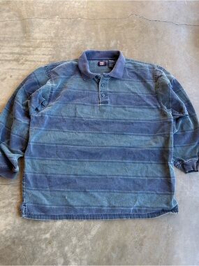 Faded Glory Blue and Teal Striped Long-Sleeve Polo Shirt